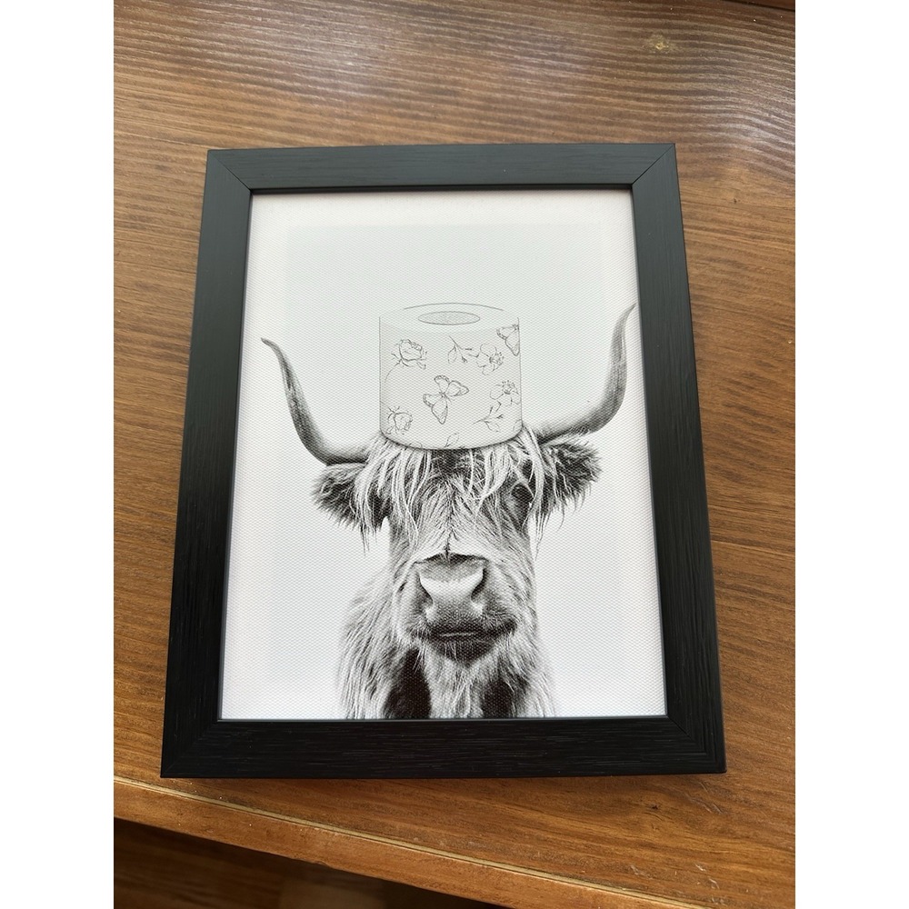 Highland Cow & Toilet Paper Bathroom Wall Art 8x10 with Frame Black and White